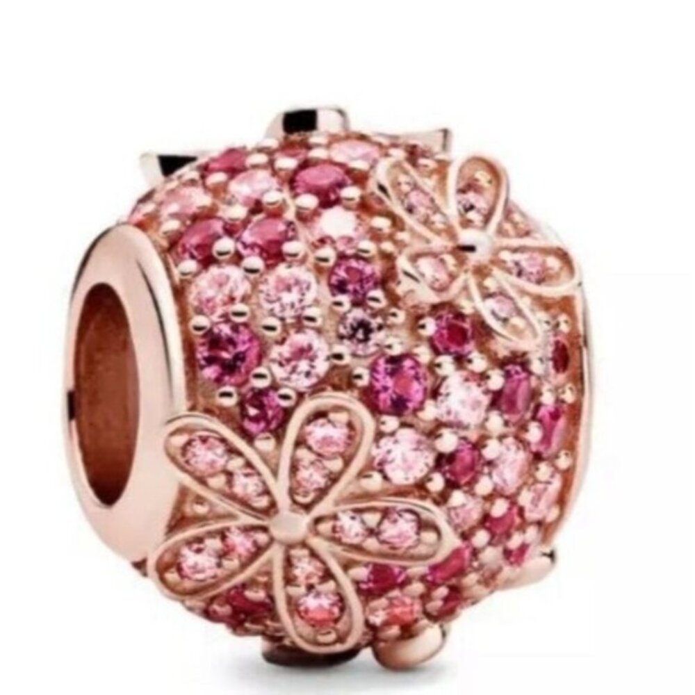Pink Pavé Daisy Flower Charm - 14k rose gold - Fits Pandora Charm Bracelets - Picture 1 of 11